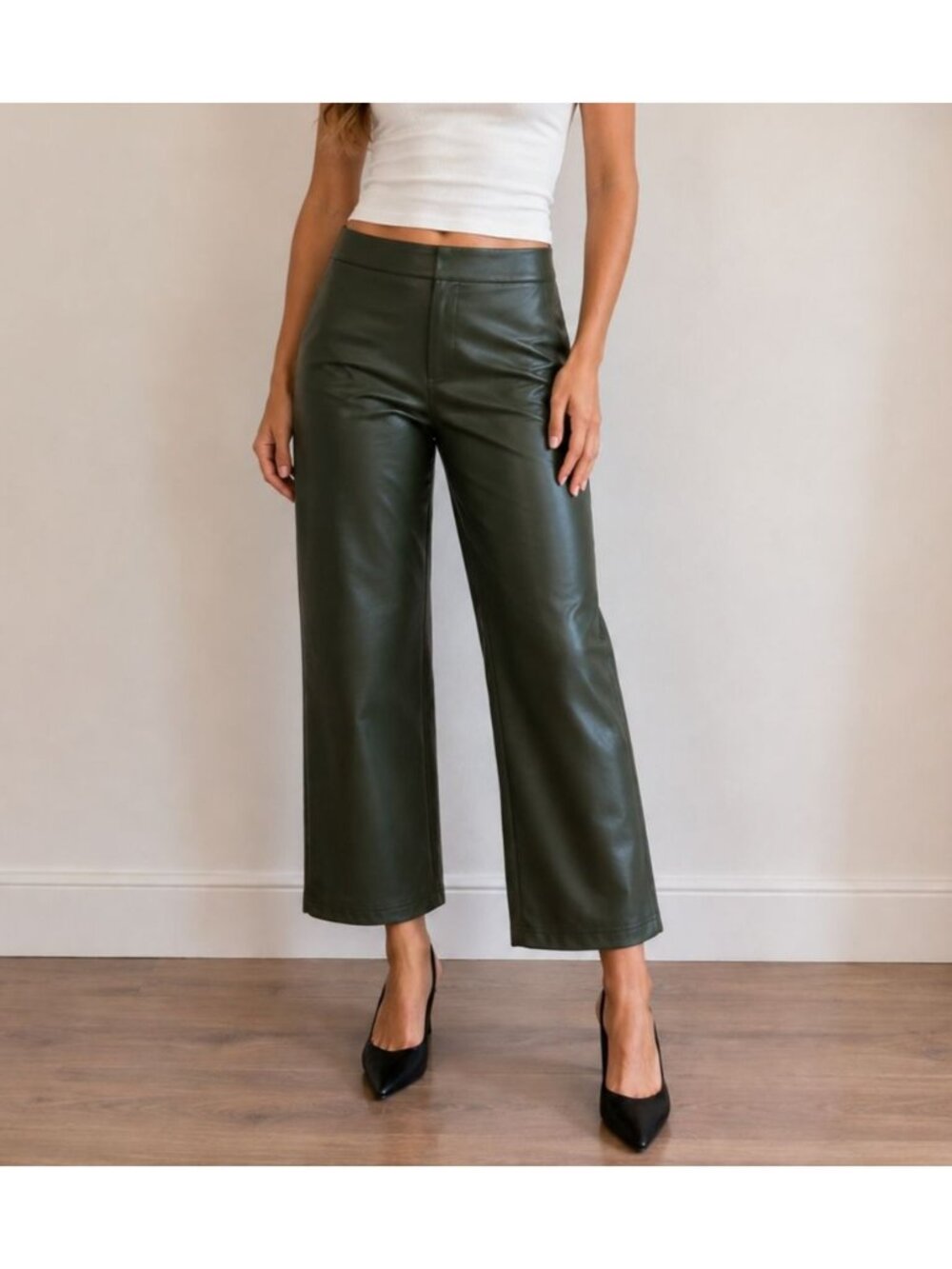 Bagatelle Green Vegan Faux Leather Wide Leg High Rise Business Office Pants Med